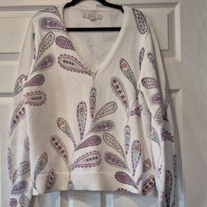 LOFT White V-Neck Sweater with Purple & Green Paisley Embroidery